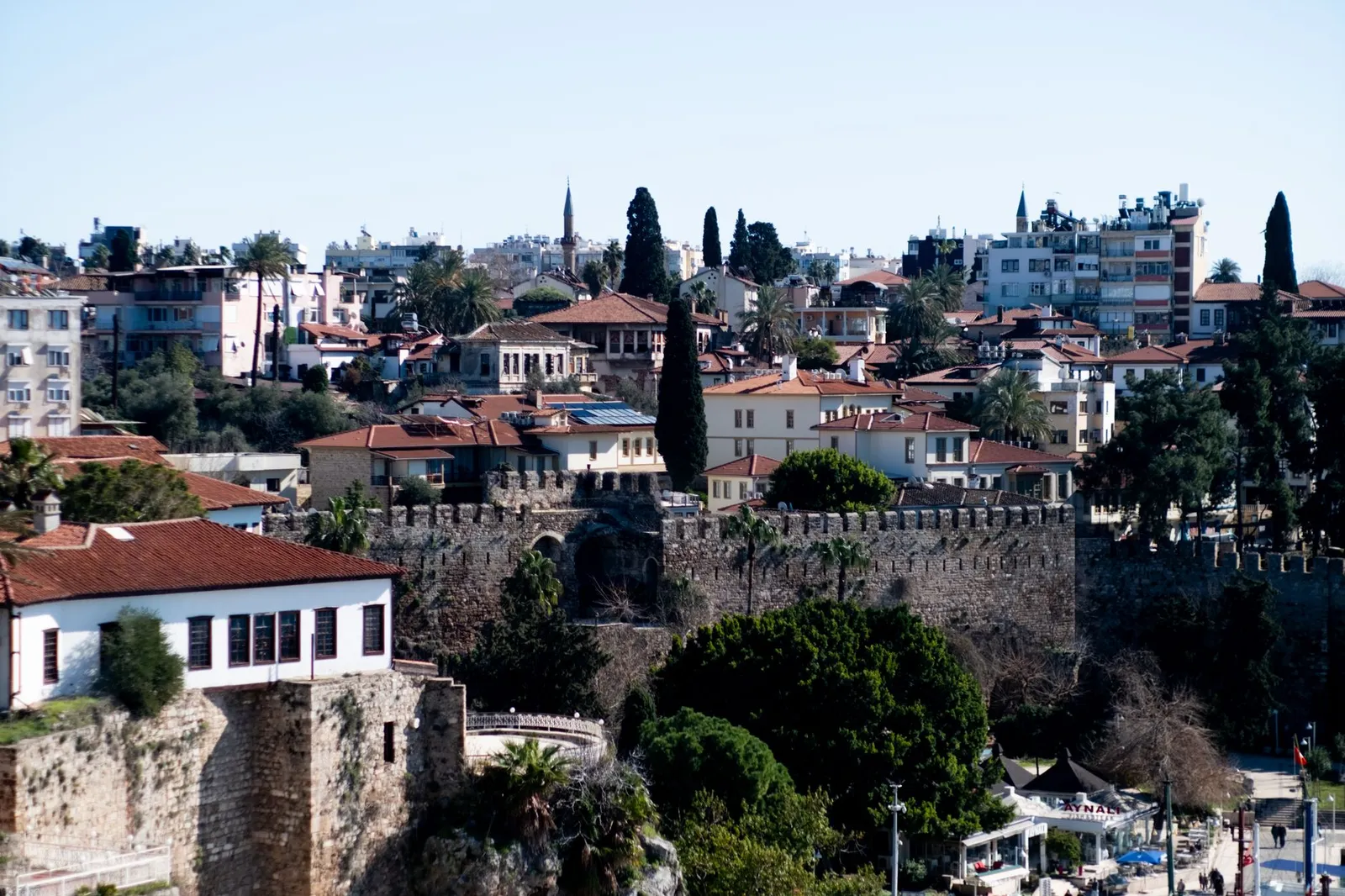 A scenic view of the historic Kaleiçi district with its distinctive architecture in Antalya, Turkey.