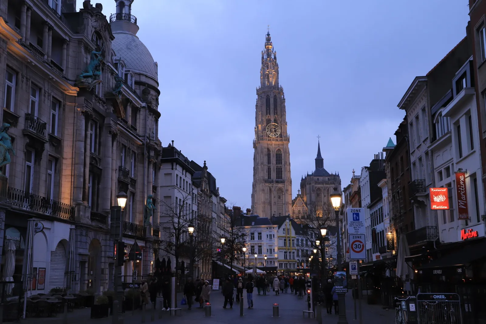Beautiful evening street view of the Cathedral of Our Lady in Antwerp, Belgium.