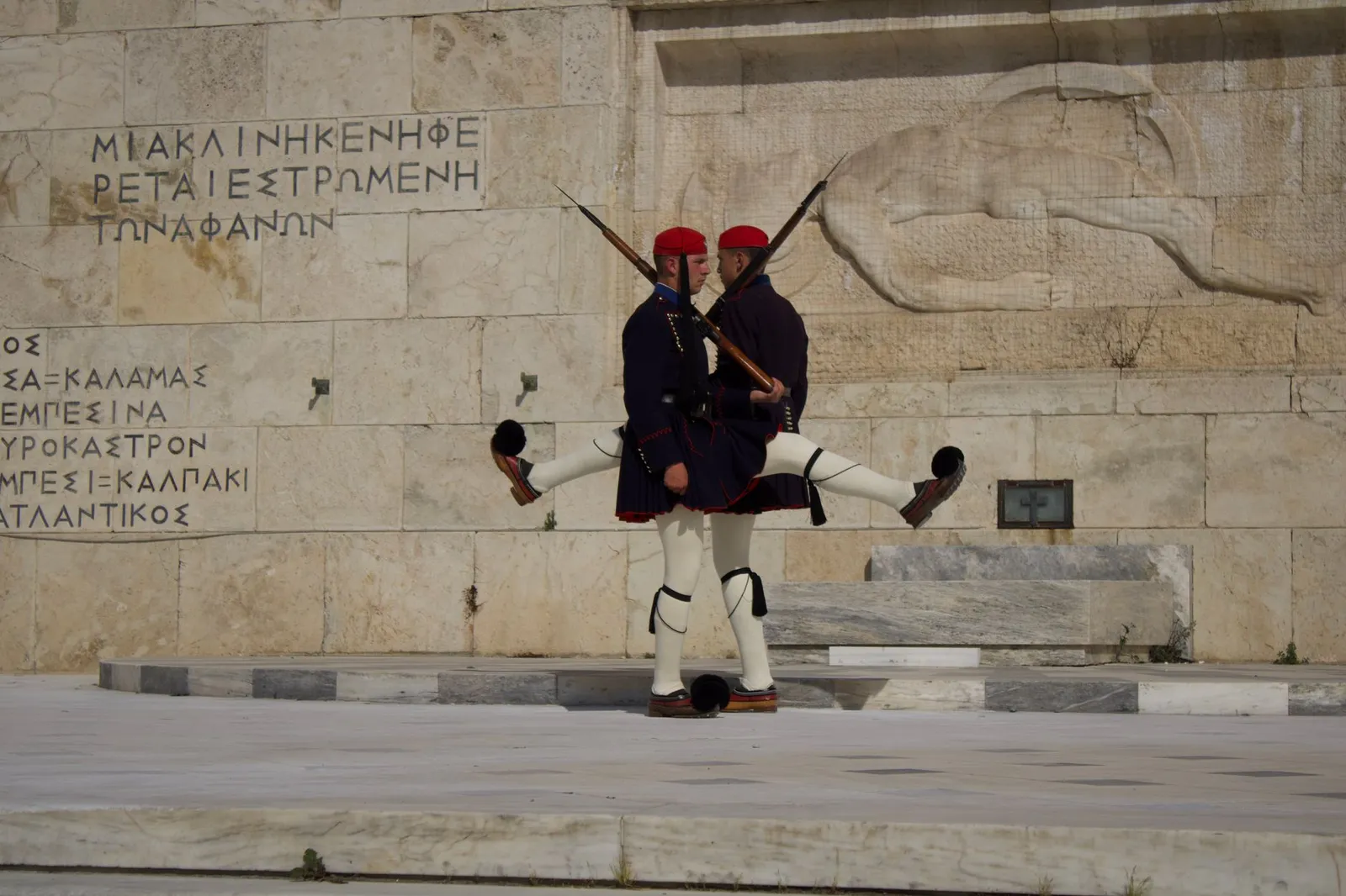Traditional Greek guards perform ceremonial change at Syntagma Square, Athens.
