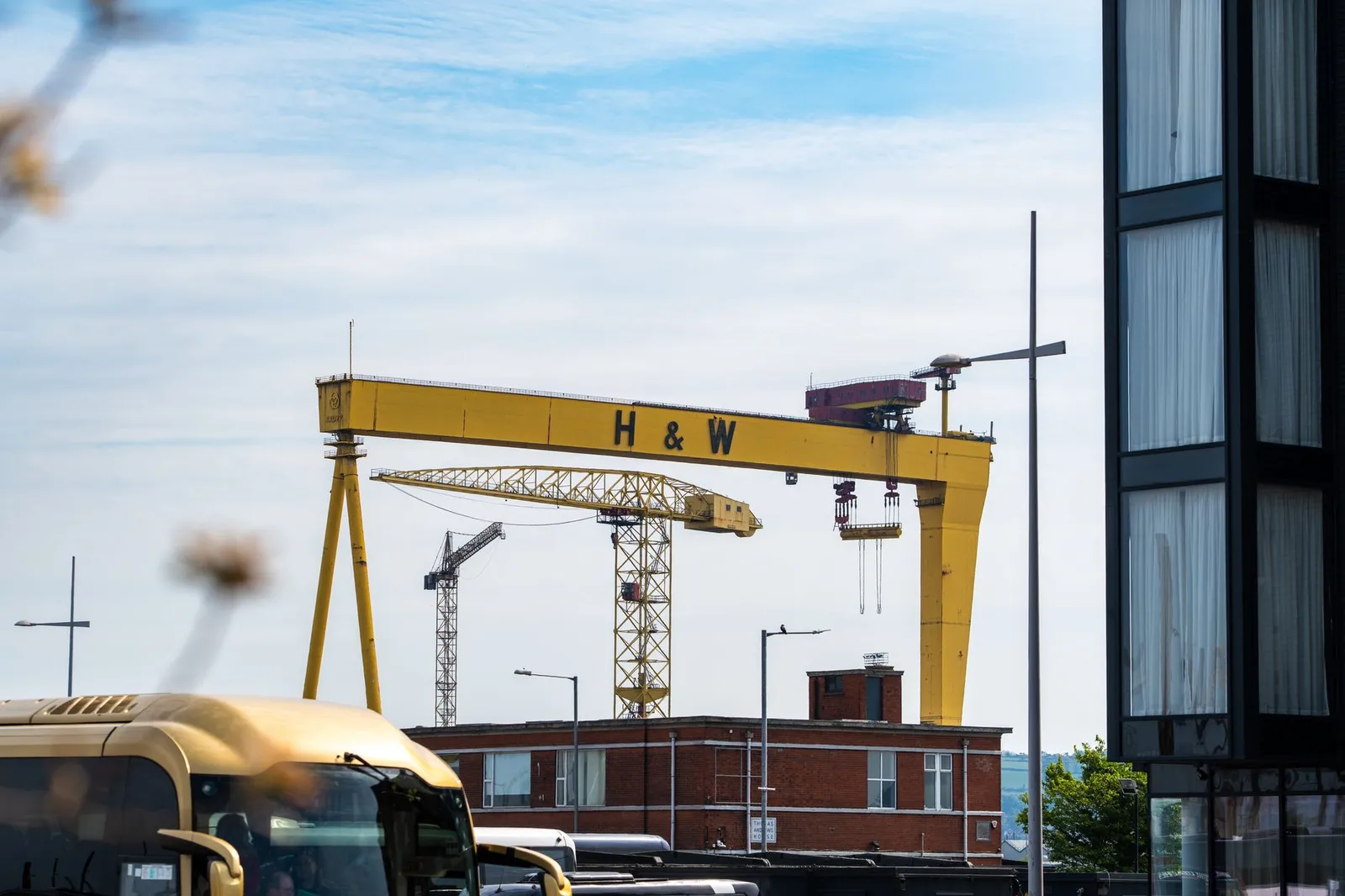 View of the famous Harland & Wolff cranes in Belfast, Ireland. A symbol of shipbuilding heritage.