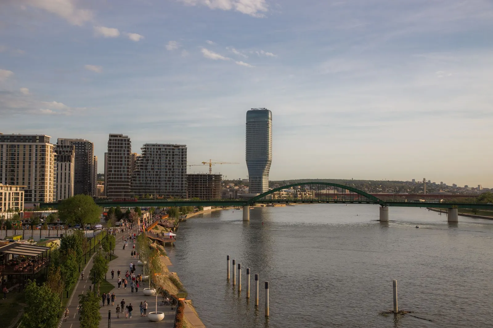Skyline of Belgrade with a prominent skyscraper and river view. Ideal for urban and travel themes.