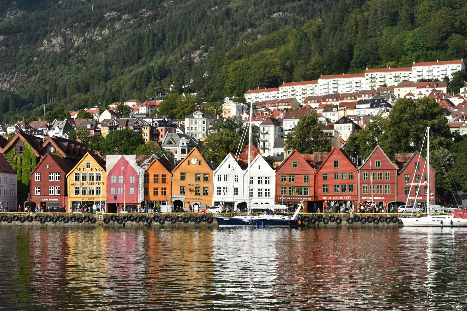 Scenic view of the iconic colorful buildings at Bryggen waterfront in Bergen, Norway.
