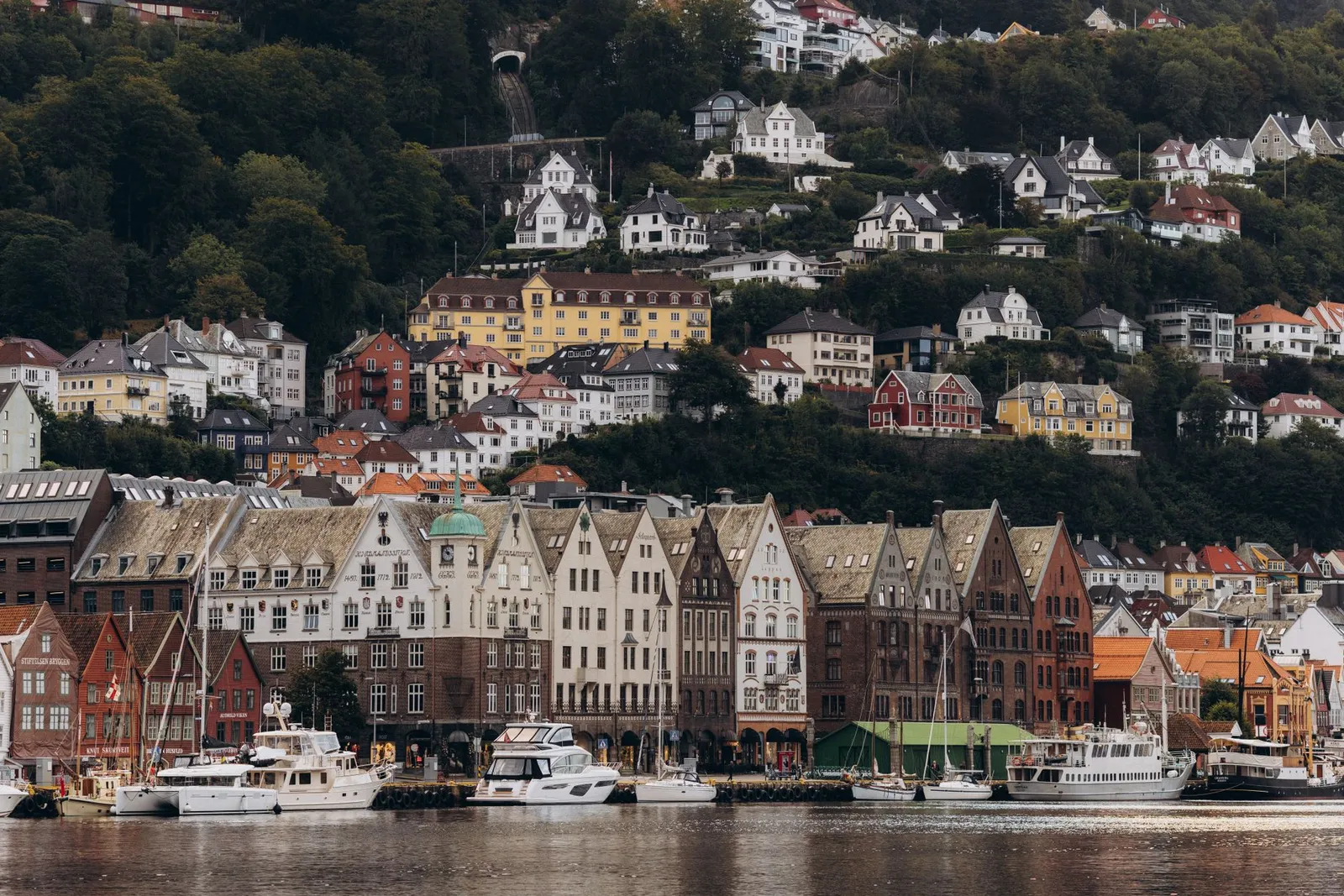 Scenic view of Bryggen and hillside houses in Bergen, Norway on a cloudy day.