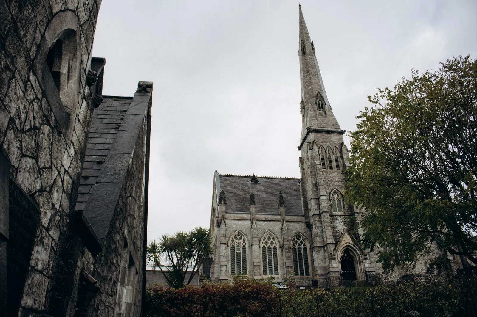 Majestic Gothic cathedral in Cork, Ireland showcasing intricate architecture under a cloudy sky.