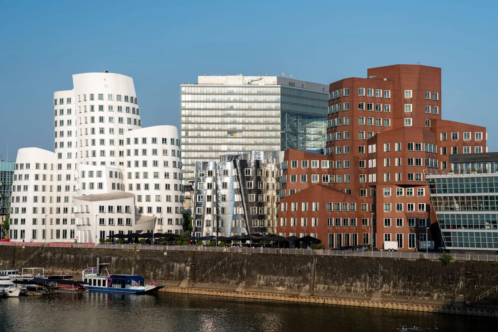 View of the Iconic Gehry Buildings at MedienHafen in Düsseldorf, Germany.