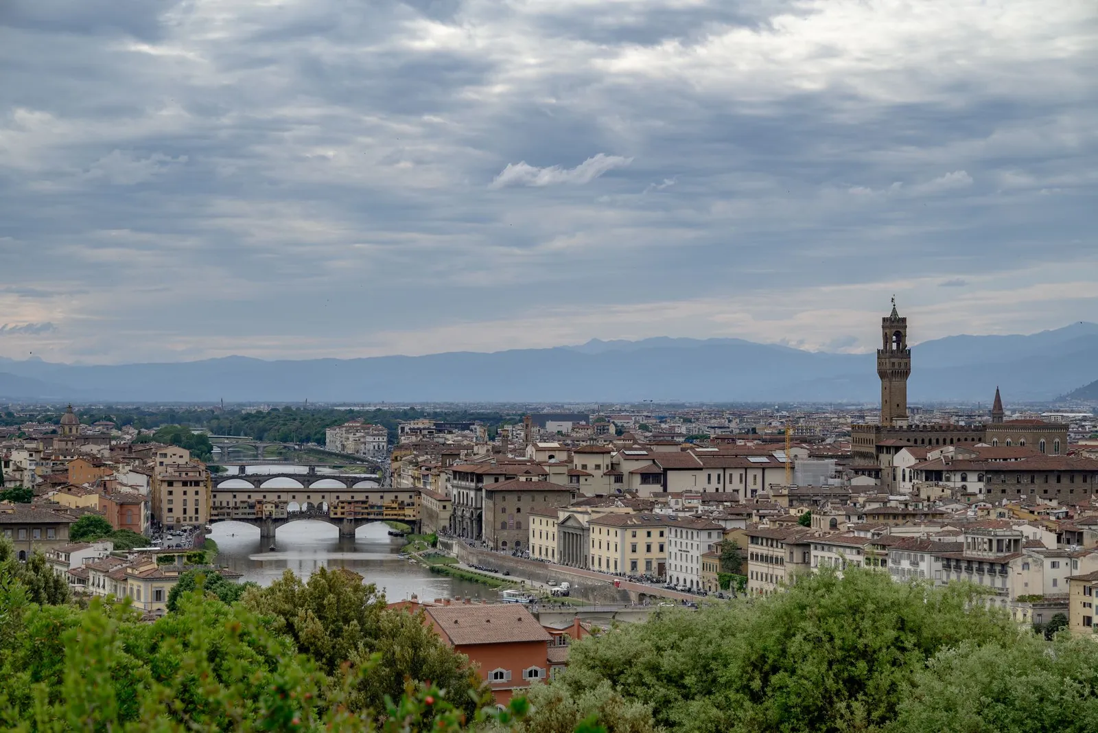 A breathtaking panoramic view of Florence, Italy with iconic landmarks and bridges.