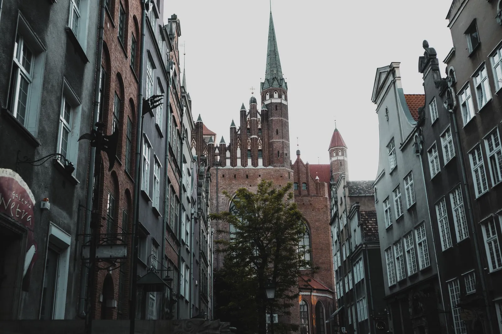 Charming view of historic architecture and a cathedral tower in Gdańsk, Poland.
