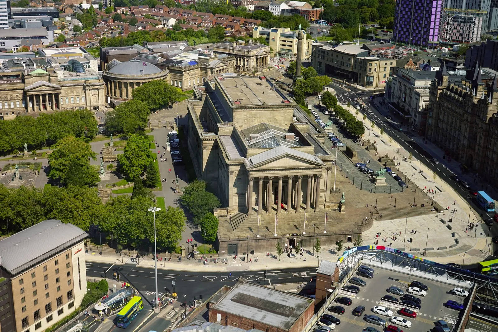 Aerial shot of the iconic St George's Hall and surrounding city architecture in Liverpool.