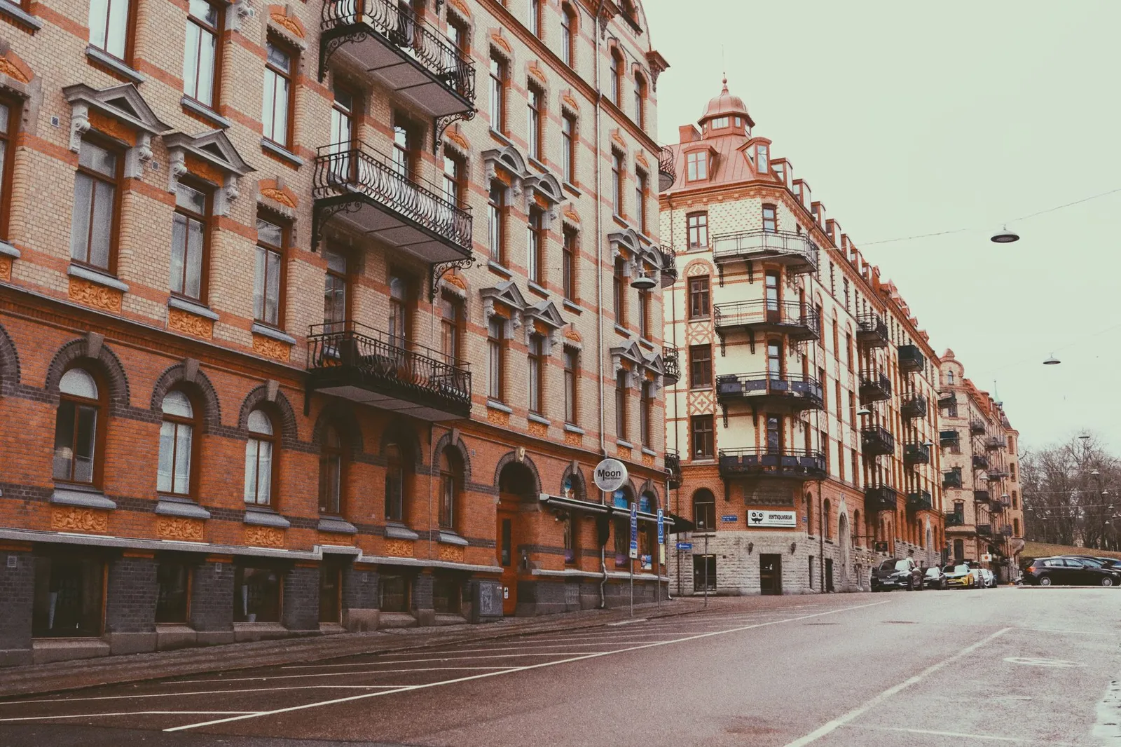 View of historic buildings and street in Gothenburg, Sweden.