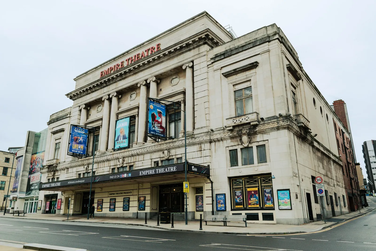 View of the historic Empire Theatre in Liverpool showcasing its neoclassical architecture.