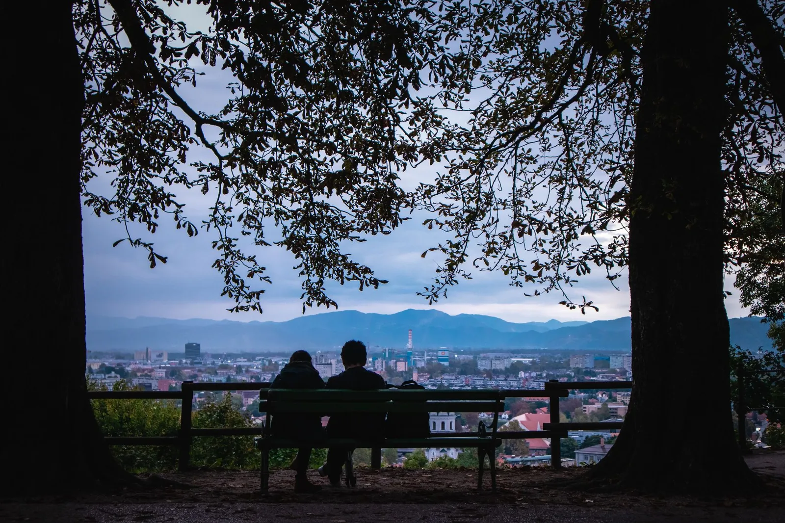 A serene view of a couple sitting on a bench under trees overlooking Ljubljana cityscape.