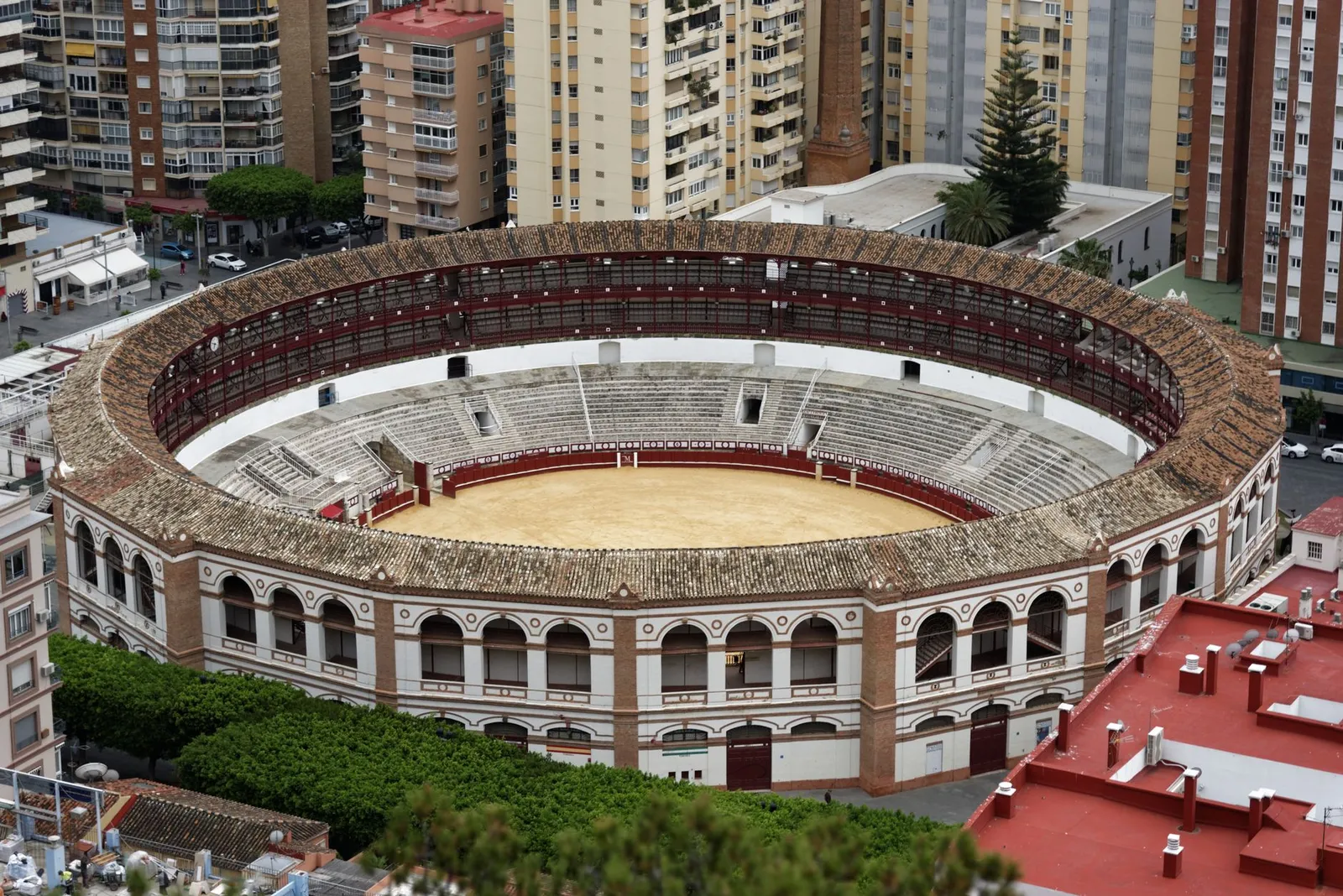 Aerial view of Plaza de Toros de la Malagueta, a historical bullring in Malaga, Spain.