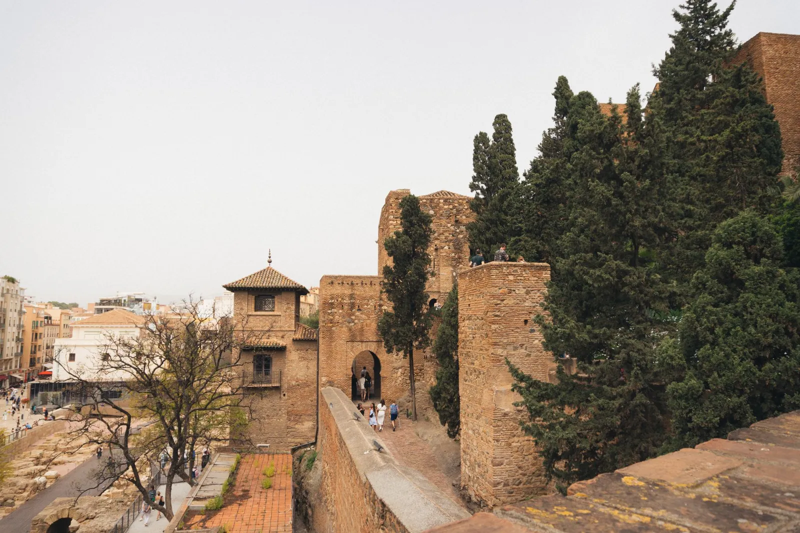 View of the Alcazaba in Málaga, showcasing ancient fortress architecture amidst lush greenery.