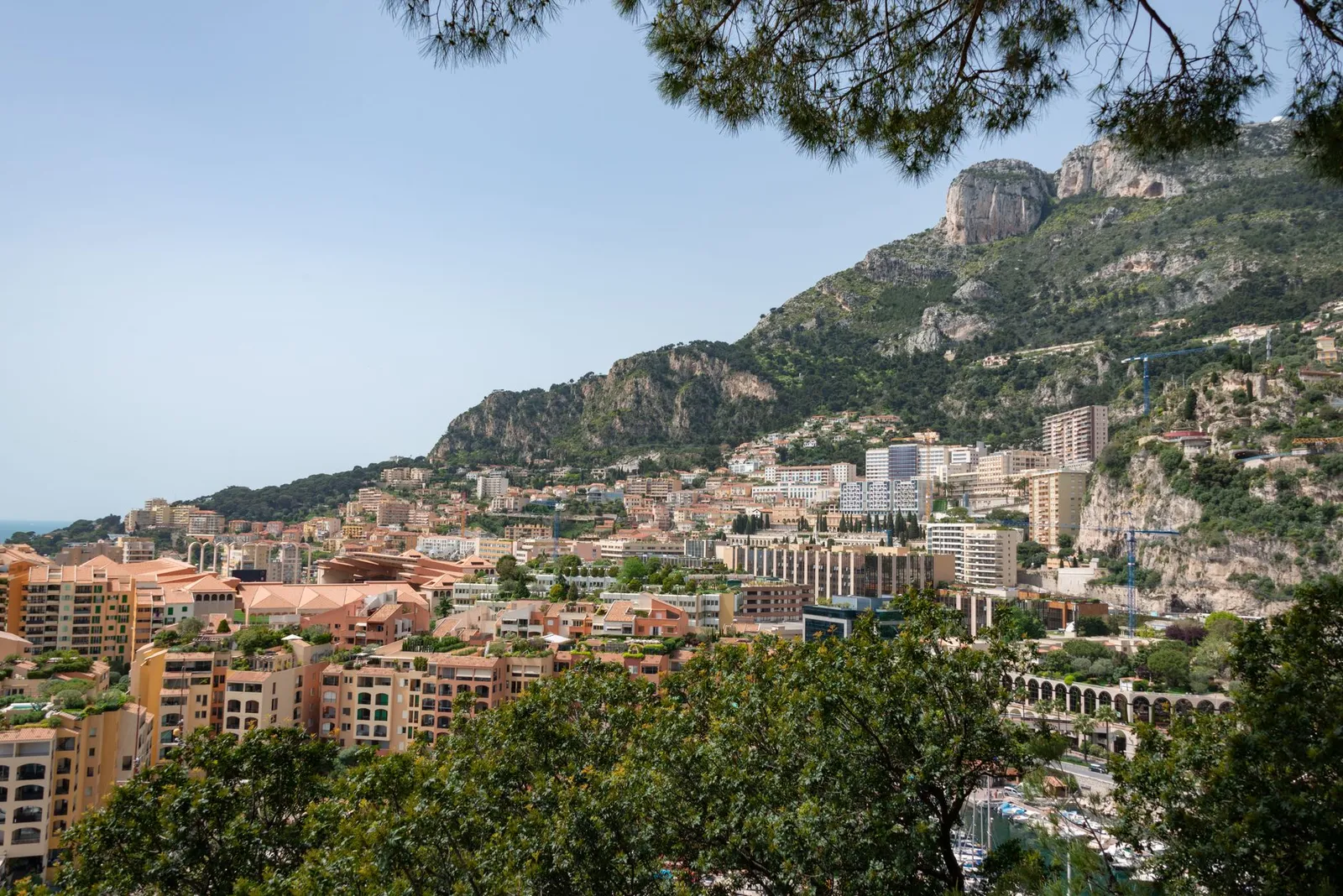 A breathtaking view of Monaco's cityscape with lush mountains and Mediterranean coastline.