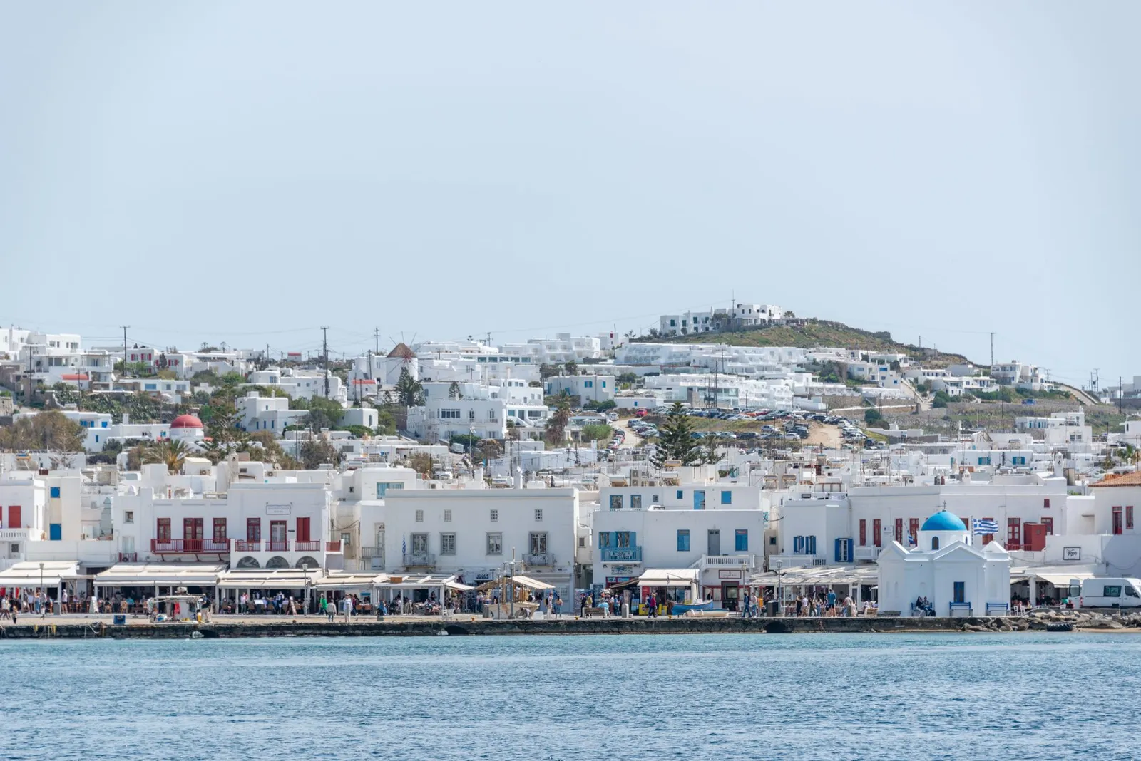 Scenic view of the iconic waterfront and architecture in Mykonos, Greece.