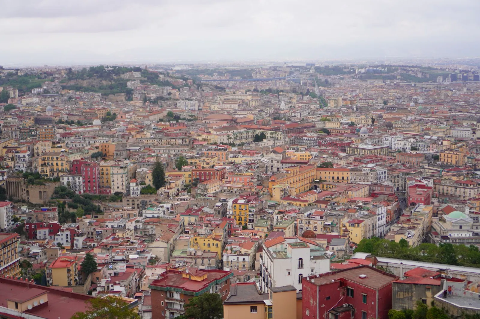 Panoramic view of Naples showcasing historic architecture and densely packed rooftops under an overcast sky.