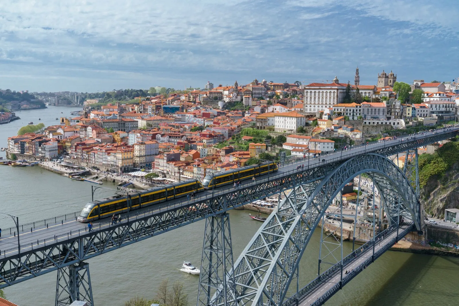 Stunning aerial shot of the iconic Luís I Bridge spanning the Douro River in Porto, Portugal.