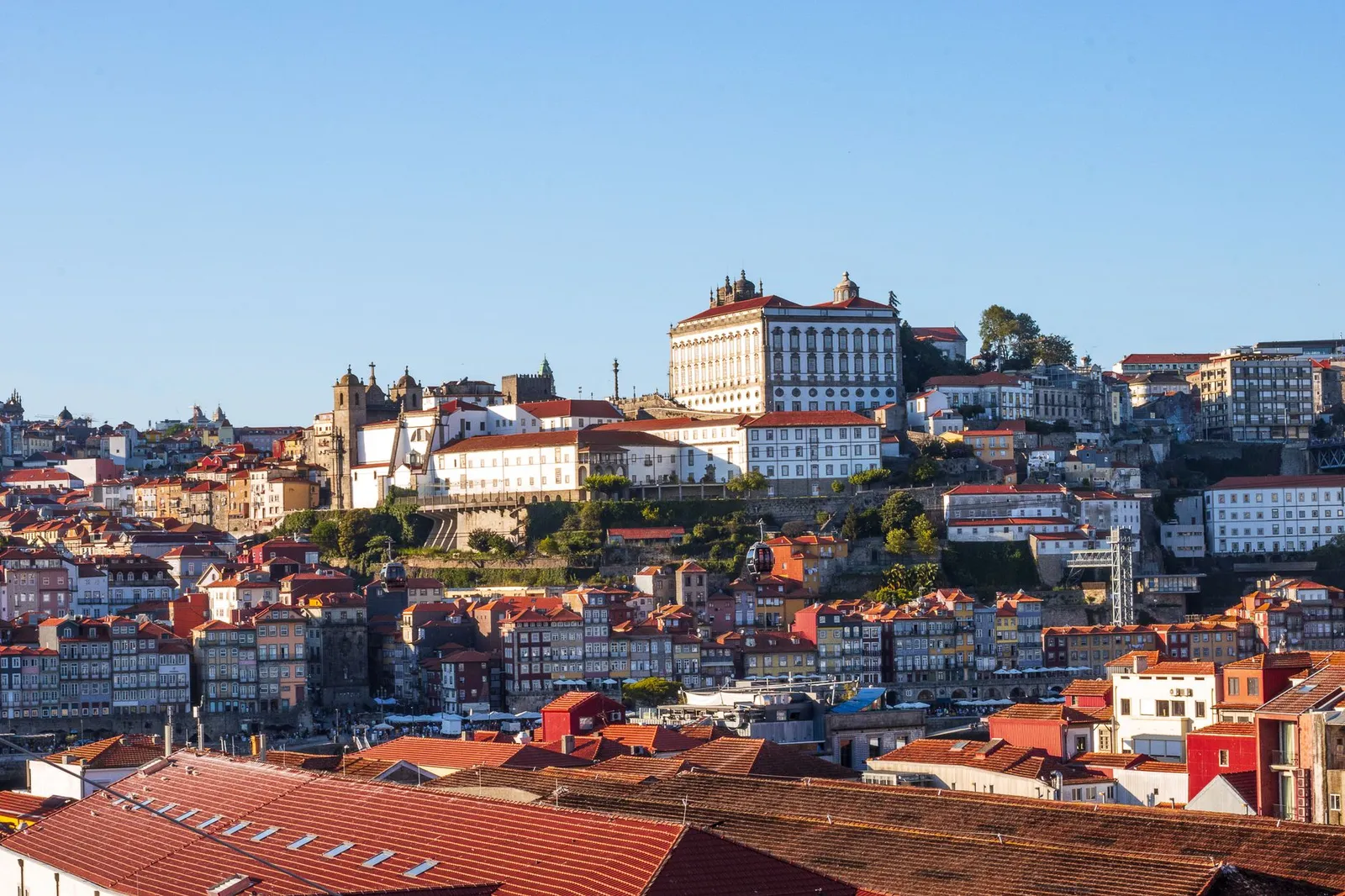 Beautiful aerial view of Porto, Portugal showcasing historic buildings and red rooftops.