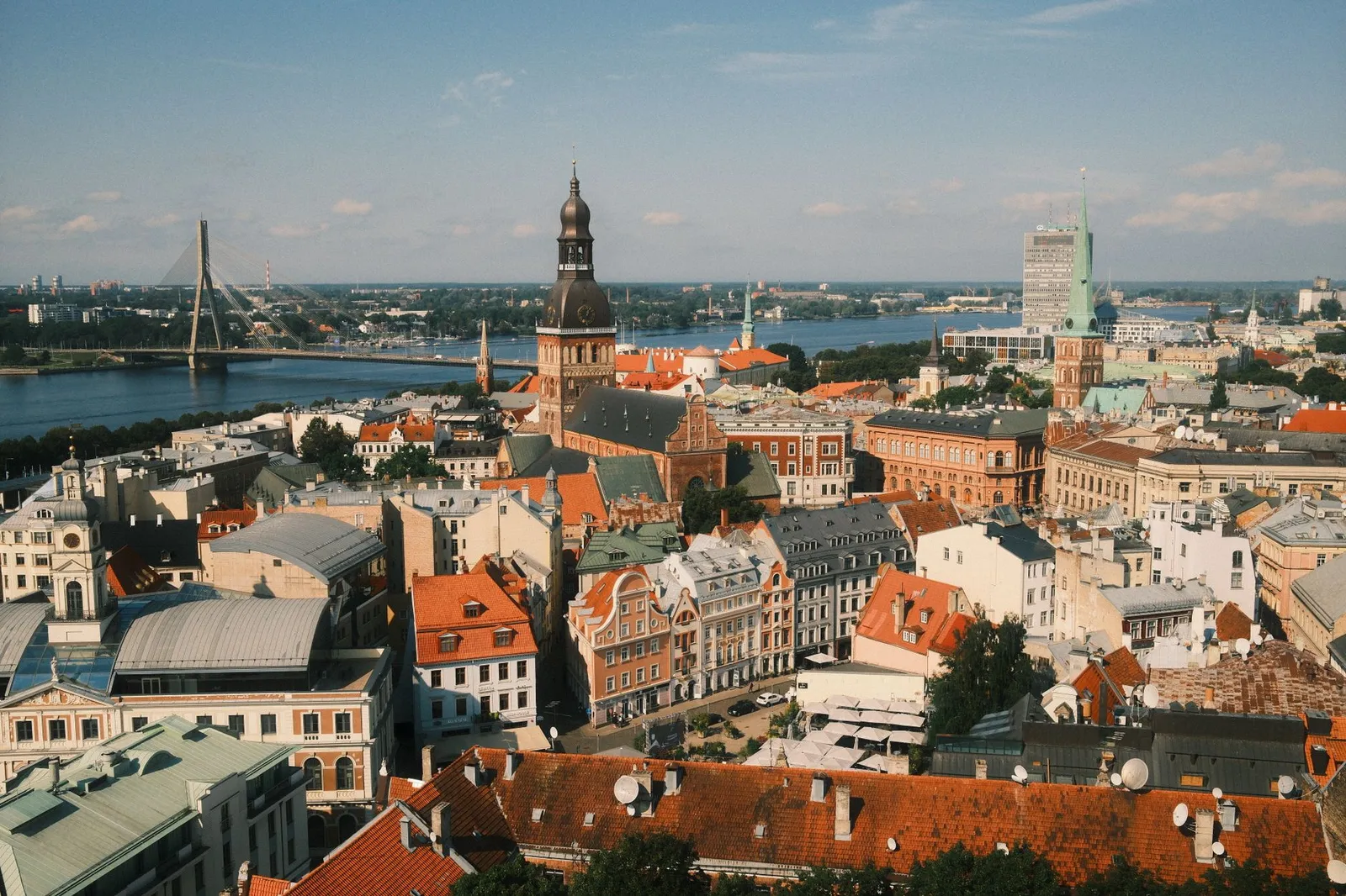 Stunning aerial photograph of Riga's historic center and Daugava River skyline in Latvia.