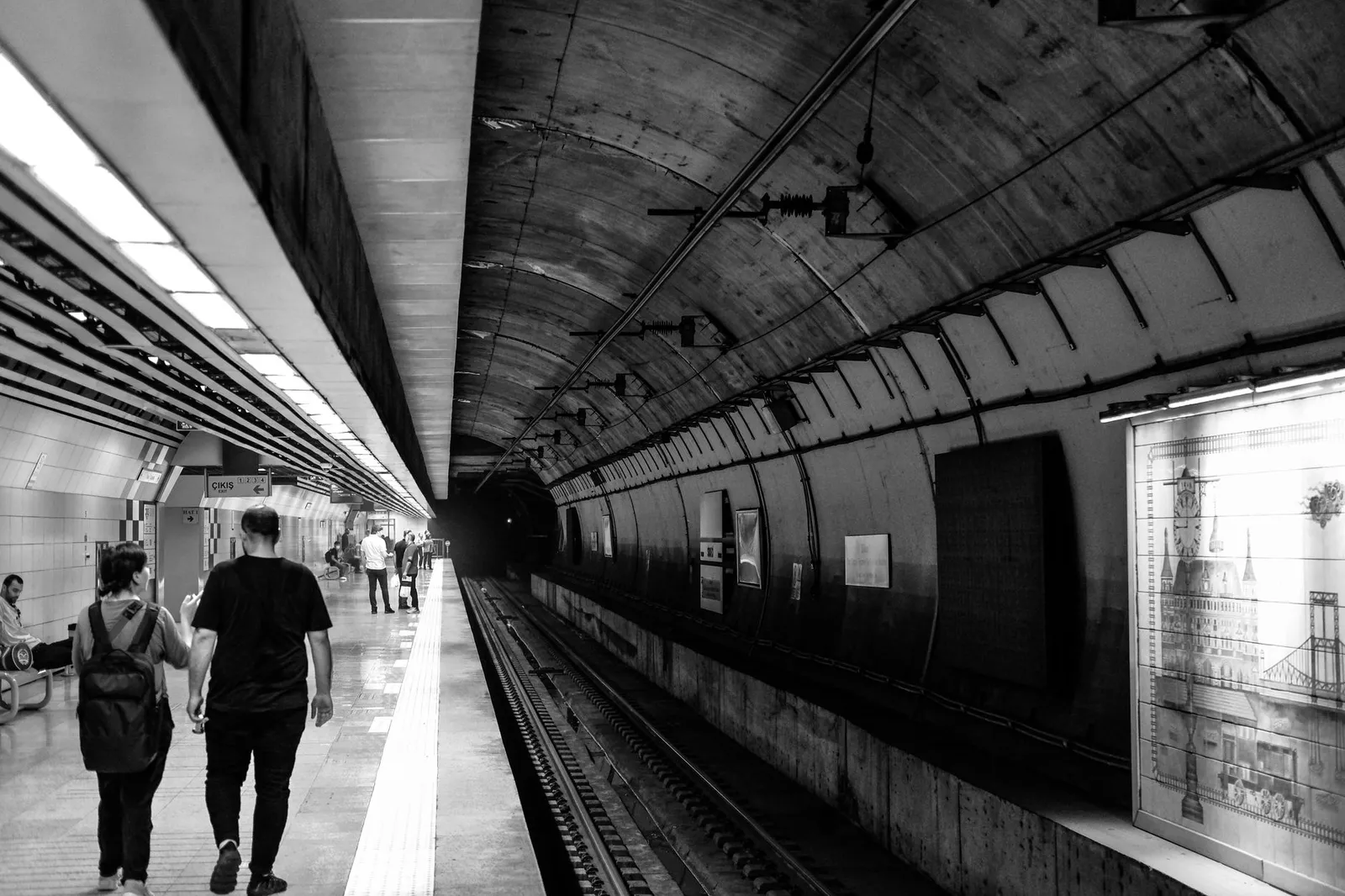 Monochrome shot of a bustling metro station in İstanbul, Turkey.