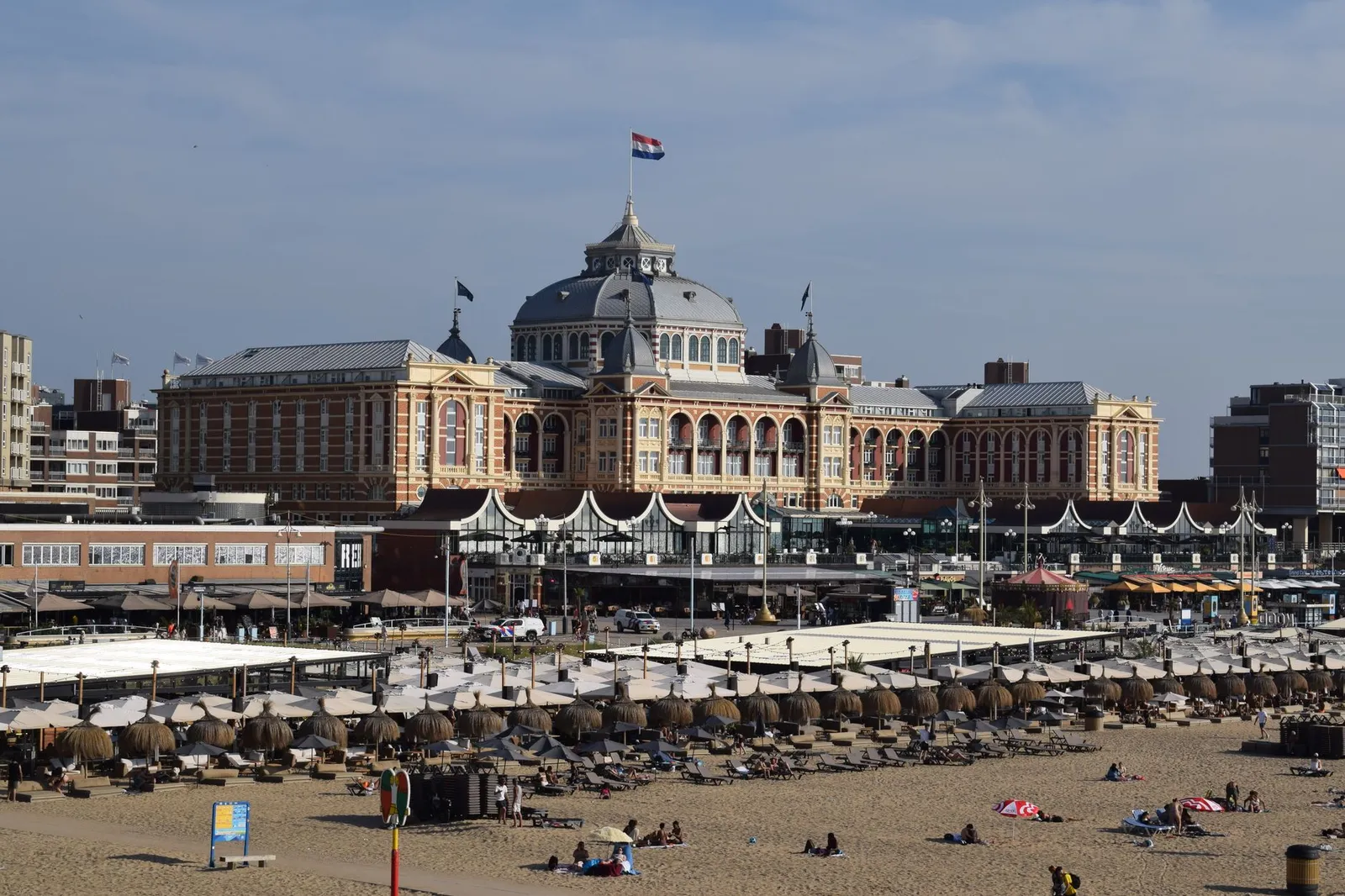 Scenic view of Grand Hotel Amrâth Kurhaus from Scheveningen Beach in Den Haag, Netherlands.