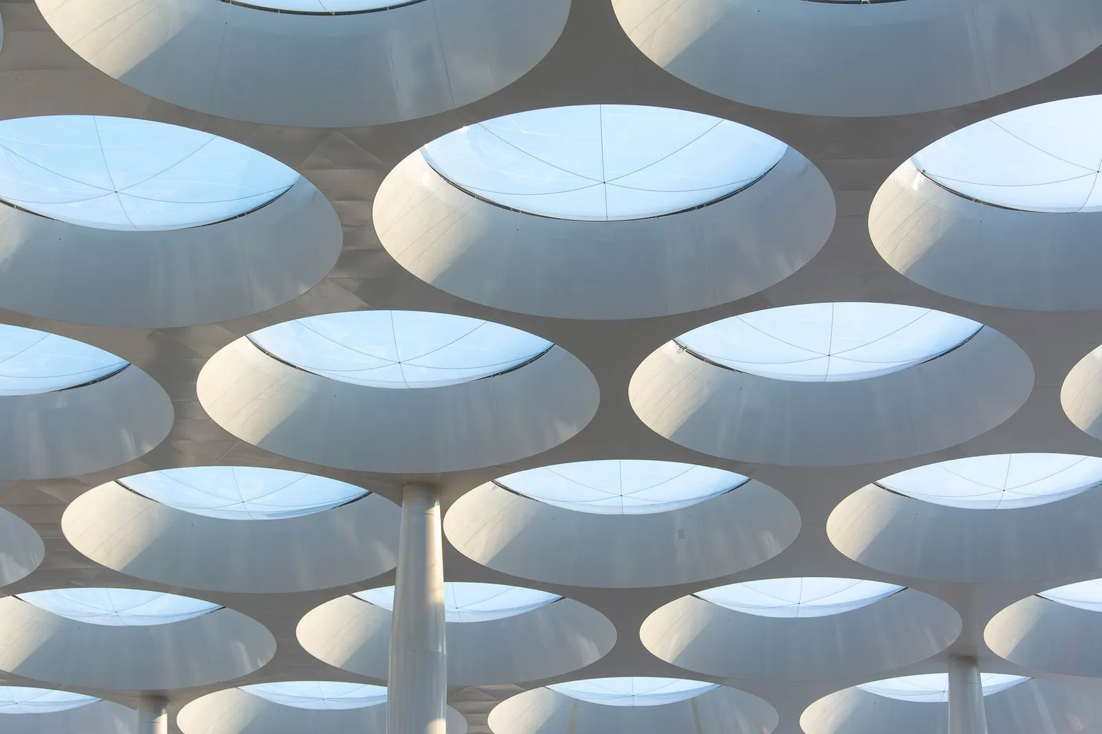 Circular skylights create a play of light in a modern architectural structure in Utrecht.