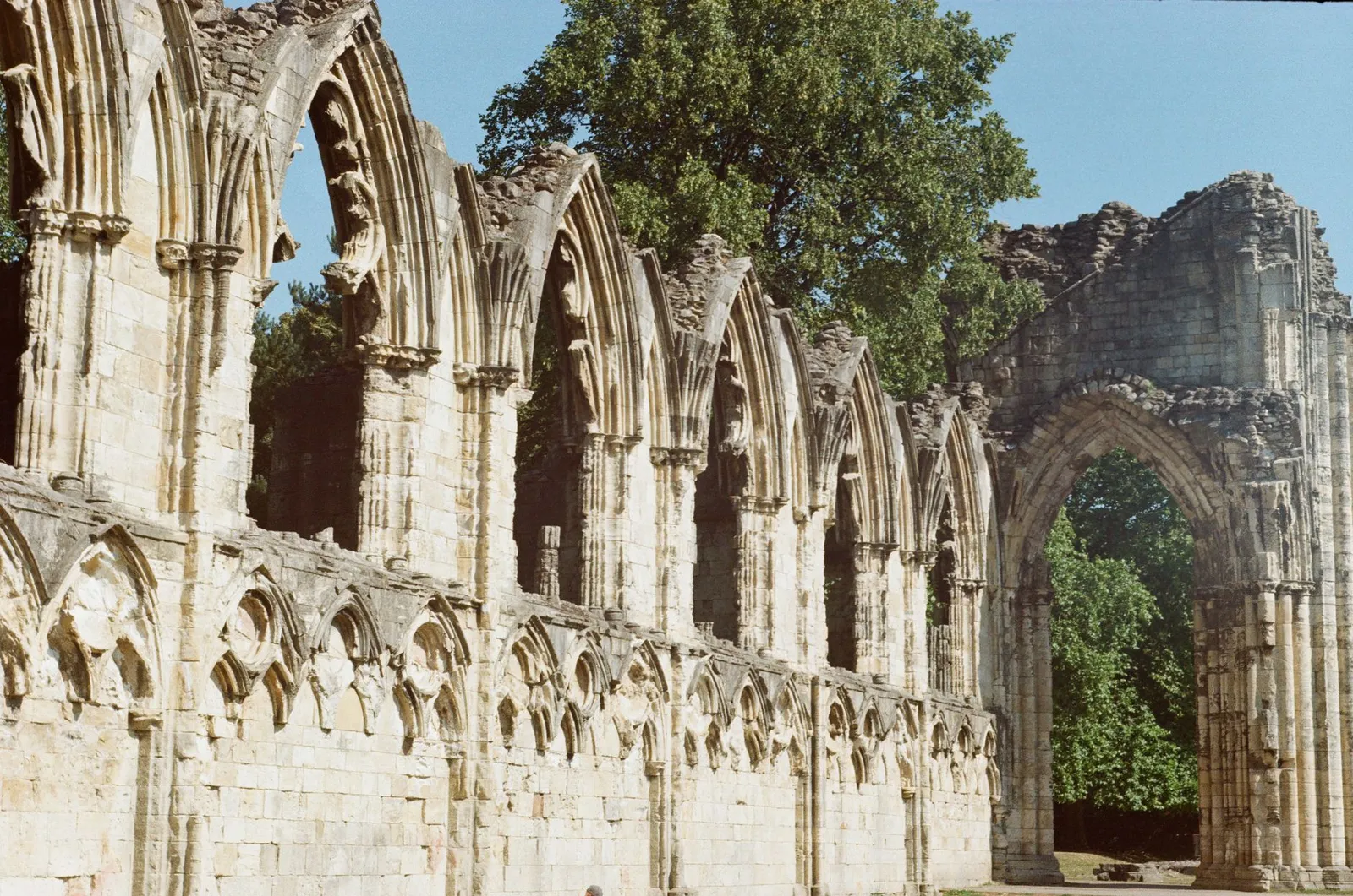 Historic stone arches of St Mary's Abbey ruins captured in York, England with lush greenery around.