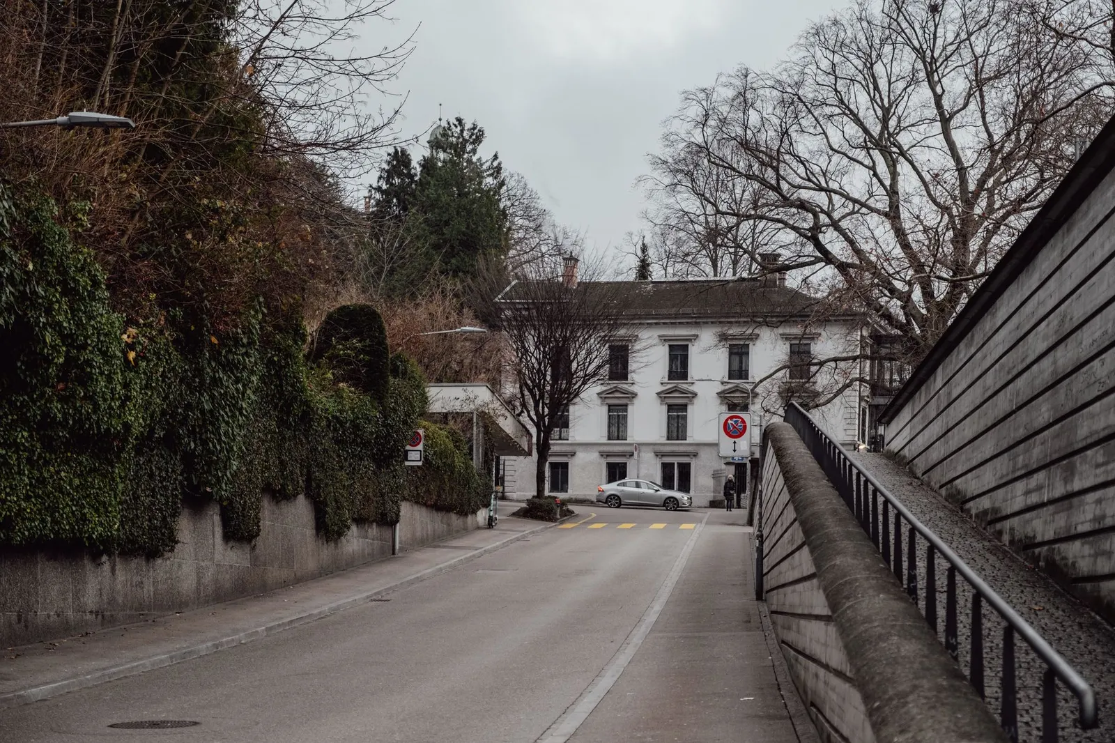 Beautiful street in Zurich featuring historic architecture and lush greenery on a cloudy day.
